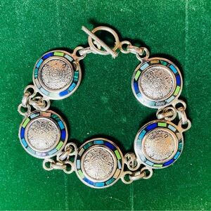 Sterling Silver Mayan Calendar Bracelet with Stone Inlay